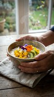 Person holding ceramic bowl with yogurt, mango, kiwi, and edible flowers on wooden table by window with garden view. Healthy breakfast concept.