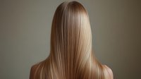 Back view of woman with long straight blonde hair showing smooth, glossy texture against neutral background, highlighting professional salon result.