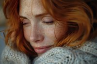 Young woman with red hair and freckles in cozy knit sweater with eyes closed, expressing serenity and peaceful contemplation.