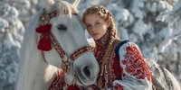 Young Slavic woman in traditional embroidered dress with white horse in snowy winter forest setting for cultural heritage and folklore themes.