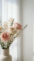 Elegant bouquet of pink and cream roses with baby's breath in ceramic vase by window with soft natural light creating peaceful home interior atmosphere.