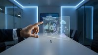 Businessman hand touching futuristic holographic interface with digital transformation data in modern conference room with blue neon lighting.