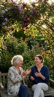 Mature woman with short white hair and younger woman with brown hair sitting on wooden bench in lush garden surrounded by blooming flowers in purple, orange and pink tones, enjoying conversation under flowering arbor during golden hour.
