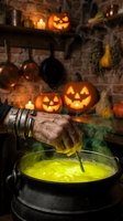 Witch hand in tattered gloves stirring glowing potion in cauldron with jack-o-lanterns and candlelit haunted house backdrop for seasonal decorations.