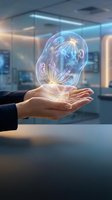 Businessman hands holding glowing transparent brain with neural networks in modern office environment representing artificial intelligence and innovation.