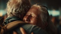Emotional elderly couple embracing in warm intimate hug showing love, care and support in golden hour lighting for relationship and family concepts.
