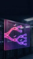 Glowing holographic decision tree with checkmarks and crosses floating in a dark server room, visualizing AI algorithm branching logic.