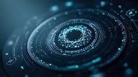 Glowing blue circular network pattern with connected dots and lines on dark background creates futuristic technology visualization for digital transformation concepts.