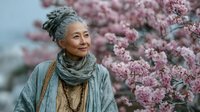 Mature Asian woman with gray hair and scarf smiling peacefully among blooming cherry blossom trees in spring garden setting for wellness and lifestyle content.