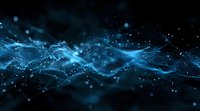 Glowing blue waves of light with particles and network connections flowing through dark space create atmospheric digital technology background effect.