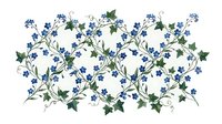 Seamless floral pattern with delicate blue flowers and green ivy leaves on white background, tiles continuously for wallpaper, fabric, and textile design projects.