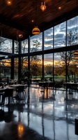 Modern restaurant interior with floor-to-ceiling windows overlooking autumn landscape at sunset, featuring pendant lighting, polished concrete floors, and dining tables set for service.
