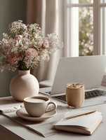Cozy home office workspace with coffee, notebook, laptop and pink floral arrangement in ceramic vase by bright window.