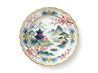 Decorative porcelain plate featuring an ornate scalloped rim with gold accents, displaying an Asian landscape scene with pagoda, mountains, cherry blossoms, and water elements in blue, red, and green tones.