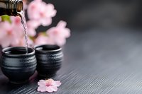 Sake pouring from bottle into traditional ceramic cups with cherry blossoms on dark wooden surface for Japanese dining and cultural celebrations.