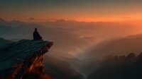Person sitting on rocky cliff edge overlooking misty mountain valleys during golden sunrise with layered peaks stretching to horizon creating peaceful meditation scene.