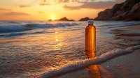 Glass bottle on sandy beach at golden sunset with ocean waves and rocky coastline, warm sunlight reflecting on water surface and bottle creating atmospheric scene.