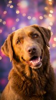 Happy chocolate labrador retriever dog portrait with colorful bokeh lights background for holiday celebrations and festive pet photography projects.