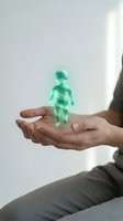 Hands holding glowing green holographic human figure representing digital healthcare, medical technology, virtual reality and futuristic innovation concepts.