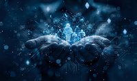 Hands holding glowing digital human figure with network connections and data visualization elements on dark blue technology background.