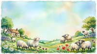 Pastoral watercolor scene with sheep grazing in rolling meadow surrounded by wildflowers, cottage and trees under soft sky. Suitable for farm, agriculture and countryside design projects.