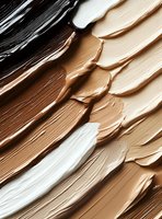 Foundation makeup smears in various skin tones from dark to light creating textured beauty background for cosmetic and skincare applications.