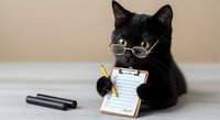 Black cat wearing round glasses holding clipboard with pencil, office supplies on desk, humorous pet professional concept for business and workplace themes.