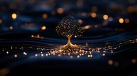 Glowing magical tree with golden lights and sparkles on dark background, flowing waves create dreamy atmosphere. Surreal fantasy nature concept.