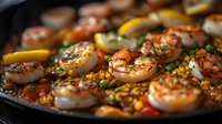 Grilled shrimp with colorful vegetables and herbs in cast iron pan, selective focus on juicy seafood with golden crust and garnish in warm lighting.