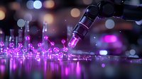 Robotic arm interacting with glowing pink molecular structures on reflective surface against dark background with bokeh lights, showcasing futuristic science visualization.