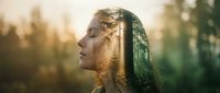 Young woman with long blonde hair wearing green headscarf, eyes closed in serene profile against golden sunset forest backdrop, double exposure effect blending nature and portrait for wellness and spirituality concepts.