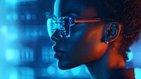 Young African American woman in glasses illuminated by vibrant neon blue and orange lighting, profile view showing modern eyewear and natural curly hair against bokeh background.