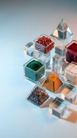 Colorful spices and herbs displayed in transparent glass cubes on clean white background for culinary and cooking design projects.