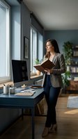 Professional businesswoman reading document in modern home office with natural light and plants creating productive workspace atmosphere.