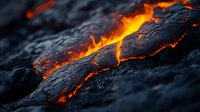 Glowing hot lava flow with bright orange magma breaking through dark volcanic rock surface, dramatic natural phenomenon showing Earth's raw power.