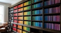 Colorful rainbow library wall with organized books arranged by color spectrum from red to purple on dark wooden shelves with rolling ladder in elegant room.