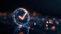Glowing digital checkmark symbol on dark background with bokeh lights, representing approval, verification, or task completion in technology concept.