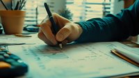 Close-up of person's hand writing on financial documents with pen at desk with calculator and potted plant in background. Office workspace.