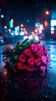 Vibrant bouquet of magenta roses resting on wet urban street at night with blurred neon city lights and rain creating romantic atmosphere for greeting cards and celebrations.