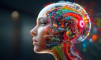 Female profile with futuristic cybernetic augmentations showing colorful technological circuits, neural networks and artificial intelligence visualization against dark background.