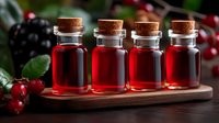 Red berry juice or extract in small glass bottles with cork stoppers on wooden board, fresh berries in background. Natural organic food concept.