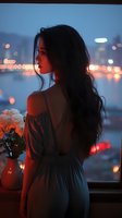 Young Asian woman in backless dress gazing at city lights through window, with roses and bokeh lights creating romantic evening atmosphere. Moody cinematic portrait.