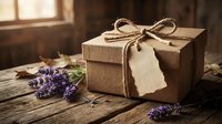 Rustic kraft paper gift box with twine bow and blank tag on wooden table with lavender flowers for natural packaging and eco-friendly wrapping concepts.