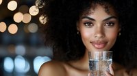 Young African American woman with natural curly hair smiling while holding glass of sparkling water with ice, bokeh lights in background. Wellness and healthy lifestyle concept.