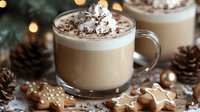 Hot chocolate with whipped cream and cocoa powder in glass mug surrounded by gingerbread cookies, pine cones and warm lights for cozy winter holidays.