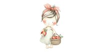 Cute cartoon girl with pink hair bow carrying basket of apples, wearing white dress. Charming childlike illustration with soft watercolor style.