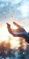 Silhouette of hand reaching toward magical glowing particles against sunset sky with bokeh lights and dreamy atmosphere. Spiritual concept for meditation and healing.