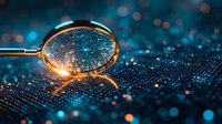 Magnifying glass examining glowing digital circuit pattern with blue bokeh lights and golden reflections, symbolizing data analysis and technology research.