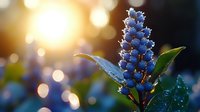 Blooming blue grape hyacinth flower with morning dew drops against blurred golden bokeh background and green leaves in spring garden sunrise.