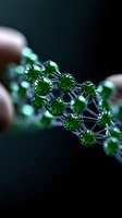 Molecular structure with green spherical nodes connected by silver lattice network against dark background, representing scientific research and nanotechnology.